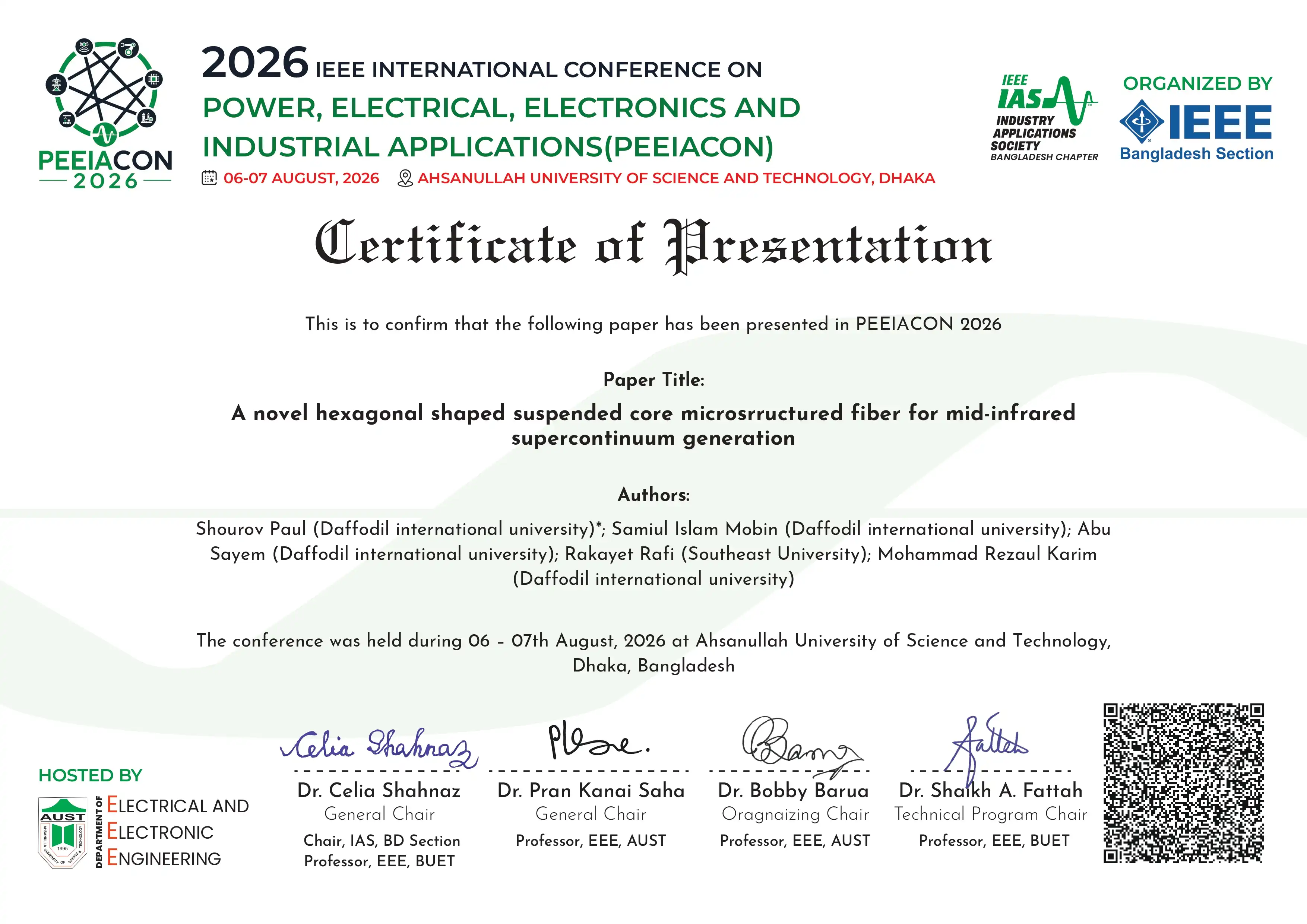 Certificate of Presentation - IEEE PEEIACON 2026