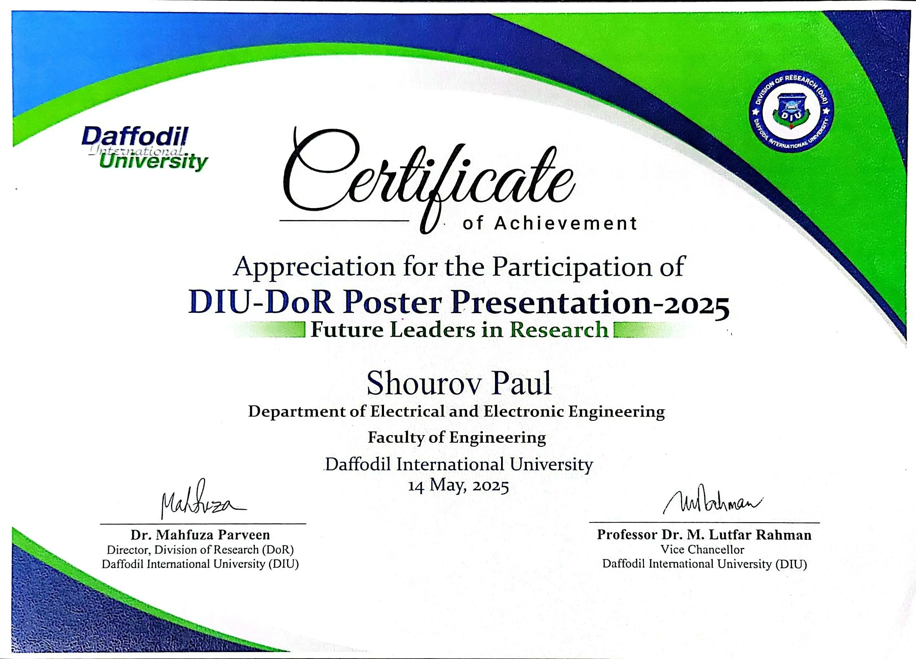 Appreciation for the Participation of DIU-DoR Poster Presentation-2025